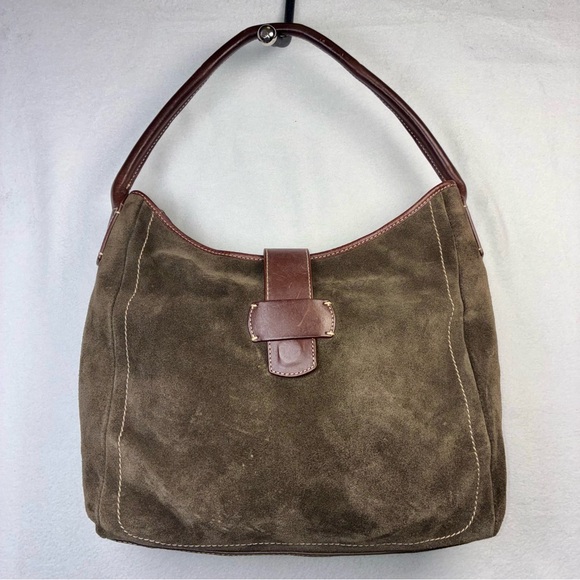 Lands’ End Suede Leather Hobo Shoulder Bag Purse Olive Green Key Clip - Picture 2 of 16